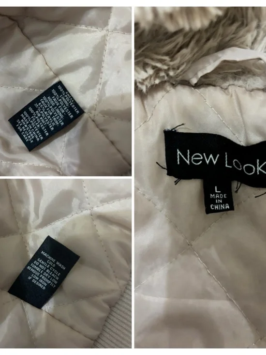 New Look Faux Fur Hood Bomber Jacket L Fits M Blush GorpCore Coat Y2K Beige - Picture 3 of 13